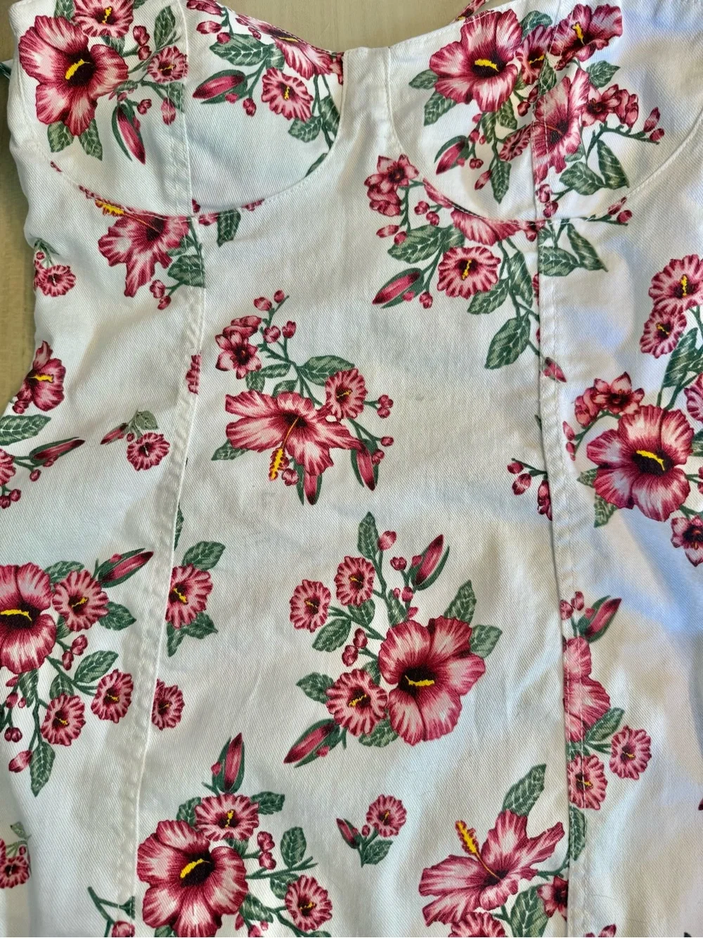 🌺 White Denim Bustier Hibiscus Floral Dress H&M Pink Flowers Large Sweetheart